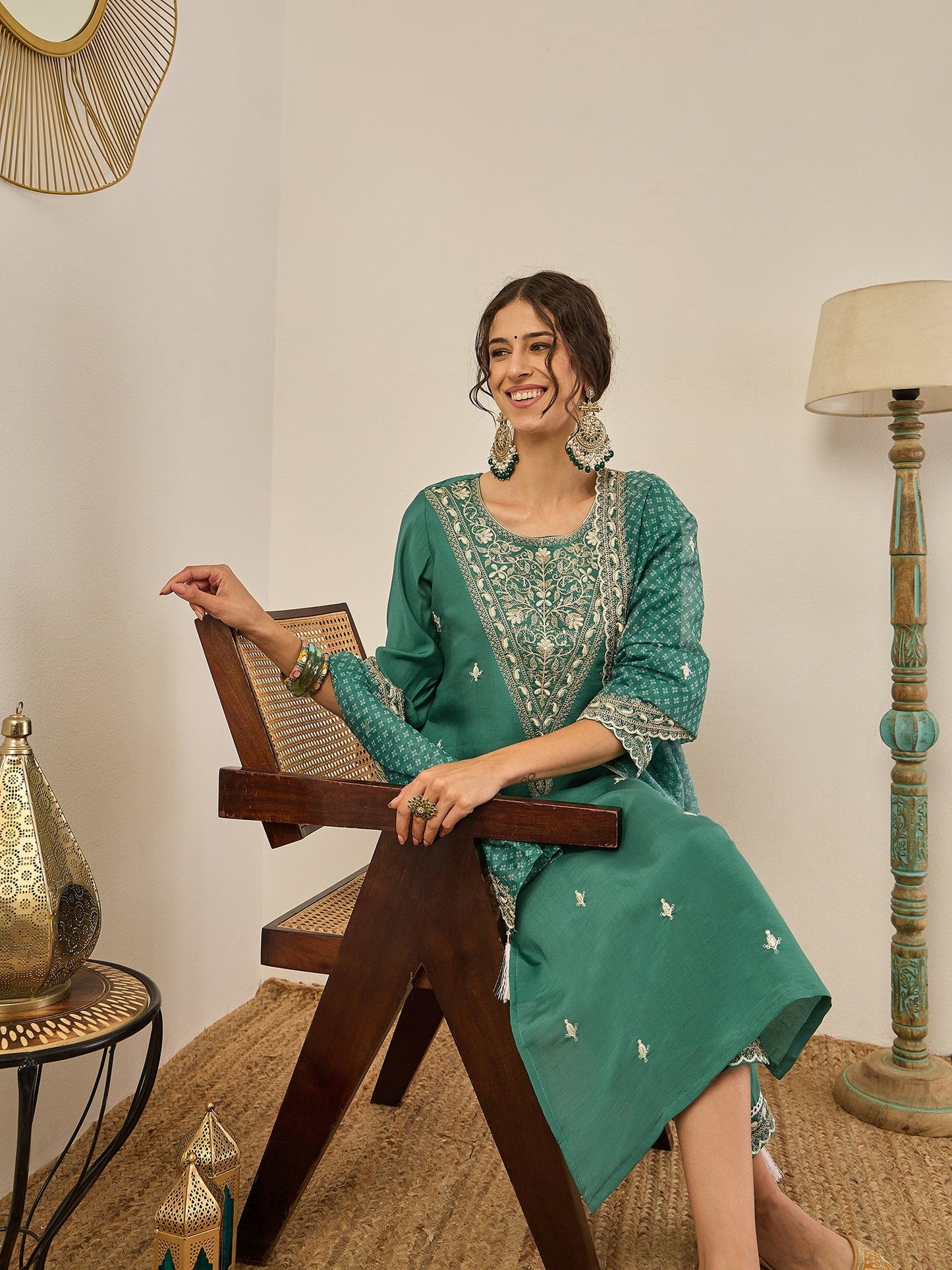 Ojaswi Teal Embroidered Silk Blend Straight Suit With Dupatta - FitVibe Fashion