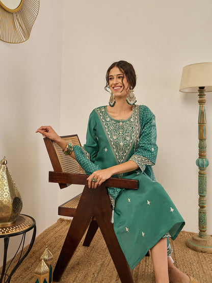 Ojaswi Teal Embroidered Silk Blend Straight Suit With Dupatta - FitVibe Fashion