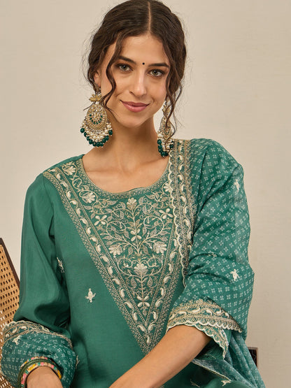 Ojaswi Teal Embroidered Silk Blend Straight Suit With Dupatta - FitVibe Fashion