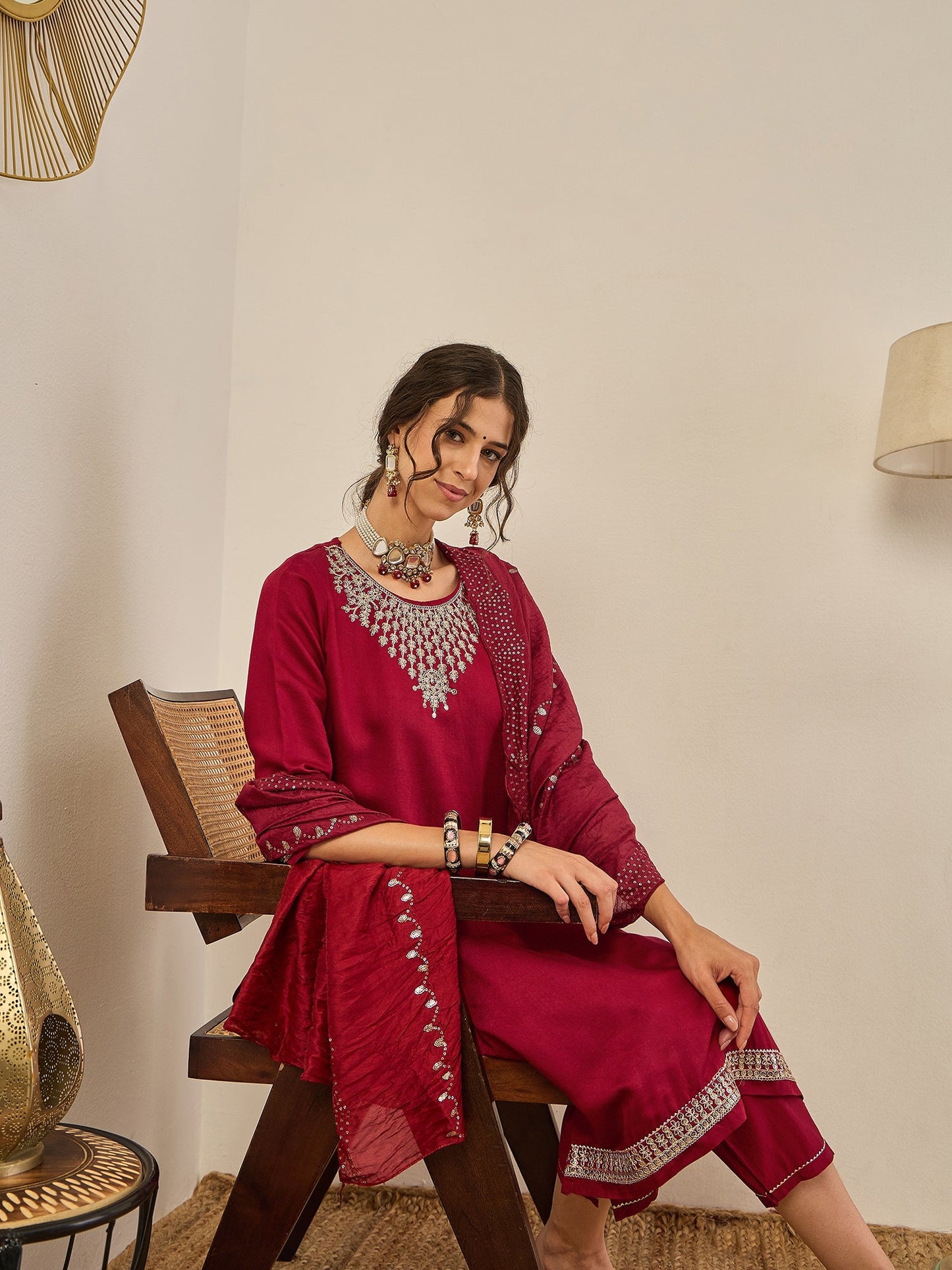 Divyaa Womens Embroidered Viscose Rayon Kurta Pant Set with Chanderi Silk Dupatta Stylish Ethnic Wear - FitVibe Fashion