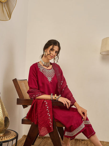 Divyaa Womens Embroidered Viscose Rayon Kurta Pant Set with Chanderi Silk Dupatta Stylish Ethnic Wear - FitVibe Fashion