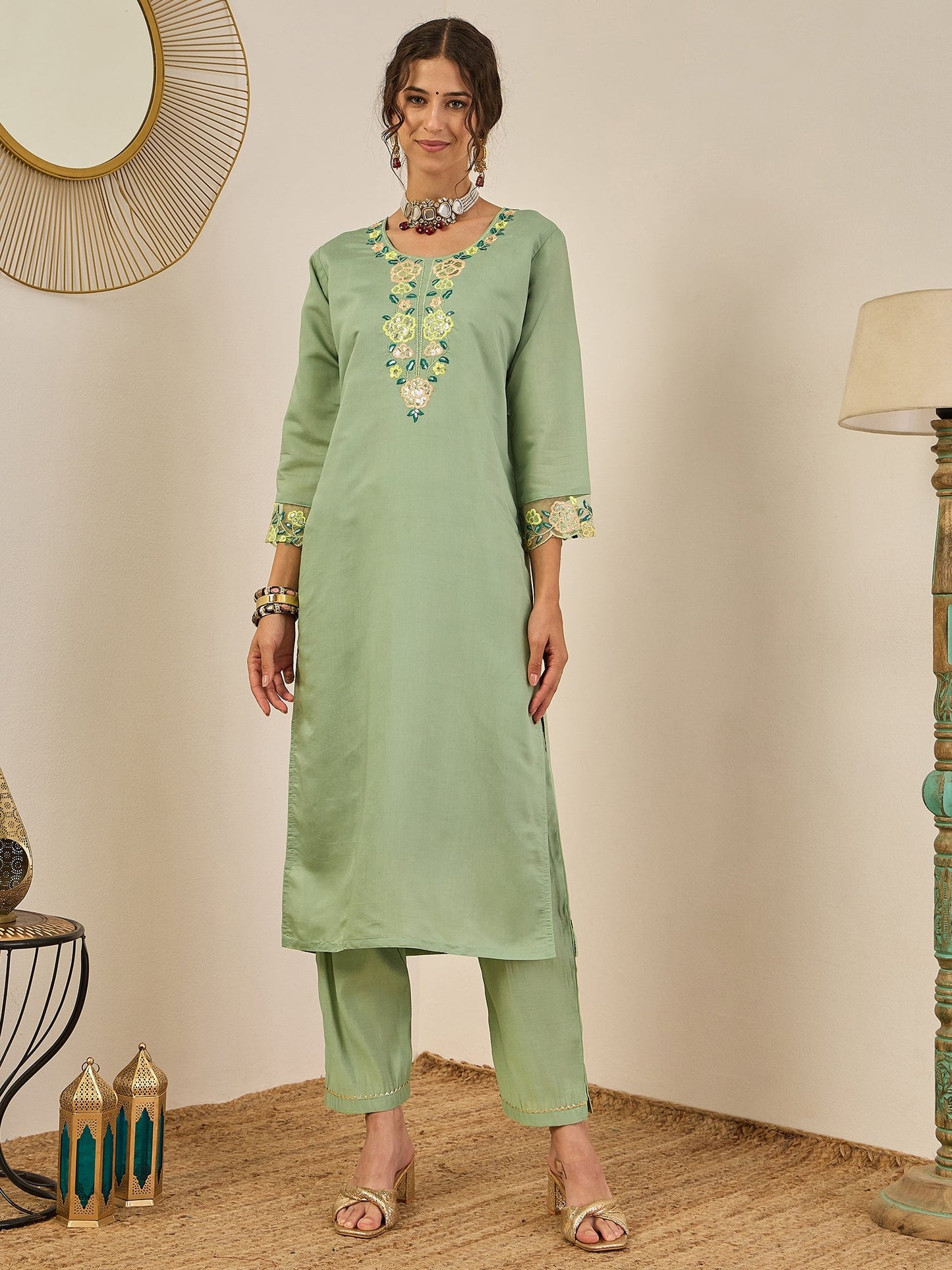 Shailee Women's Embroidered Viscose Roman Silk Kurta Pant Set with Organza Dupatta Elegant Lightweight Ethnic Wear - FitVibe Fashion