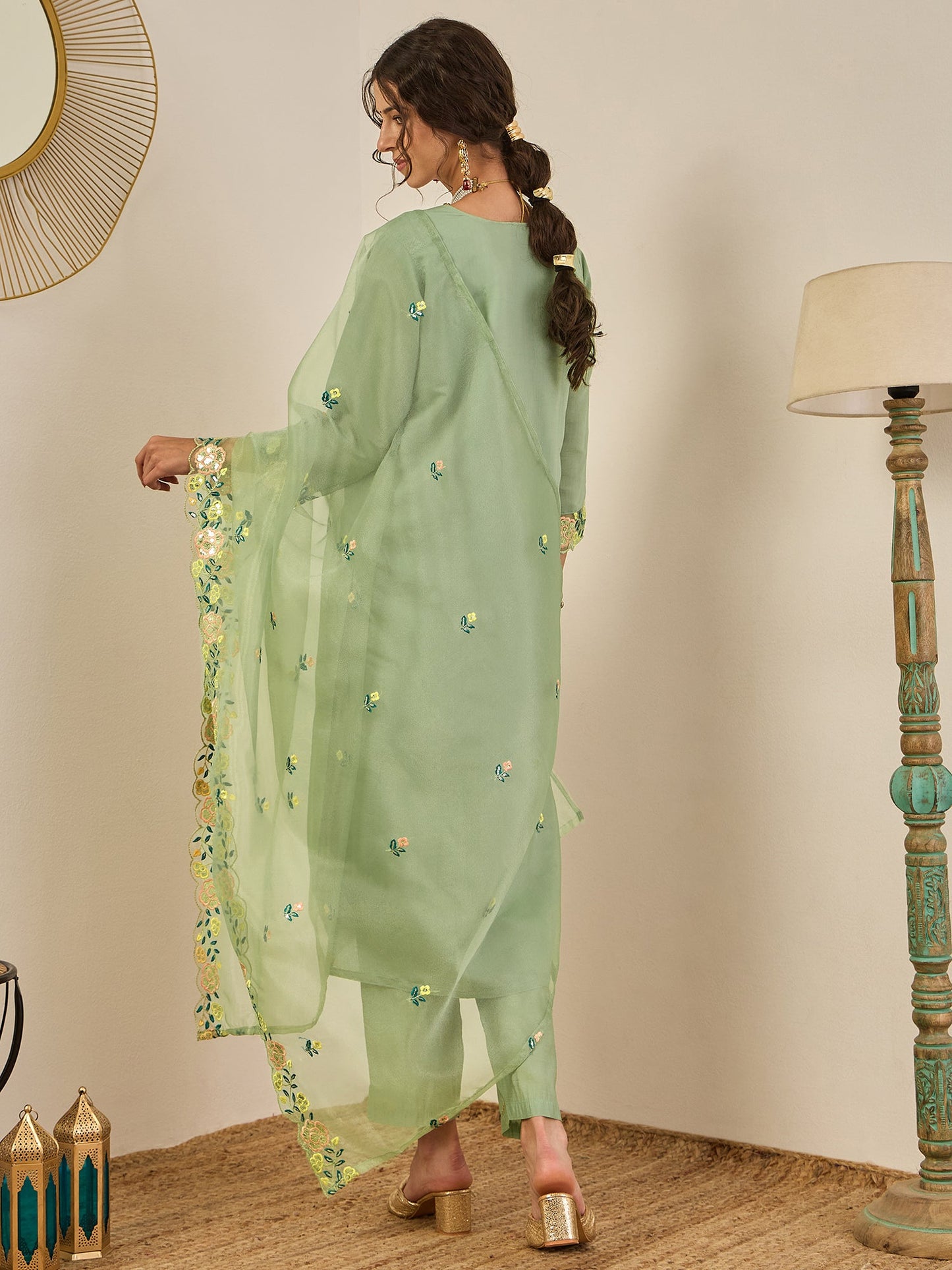 Shailee Women's Embroidered Viscose Roman Silk Kurta Pant Set with Organza Dupatta Elegant Lightweight Ethnic Wear - FitVibe Fashion