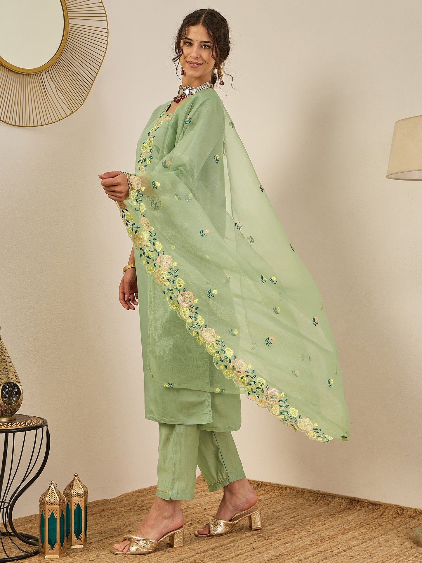 Shailee Women's Embroidered Viscose Roman Silk Kurta Pant Set with Organza Dupatta Elegant Lightweight Ethnic Wear - FitVibe Fashion