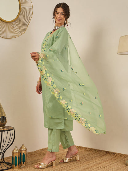 Shailee Women's Embroidered Viscose Roman Silk Kurta Pant Set with Organza Dupatta Elegant Lightweight Ethnic Wear - FitVibe Fashion