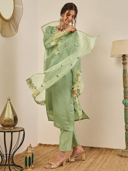 Shailee Women's Embroidered Viscose Roman Silk Kurta Pant Set with Organza Dupatta Elegant Lightweight Ethnic Wear - FitVibe Fashion