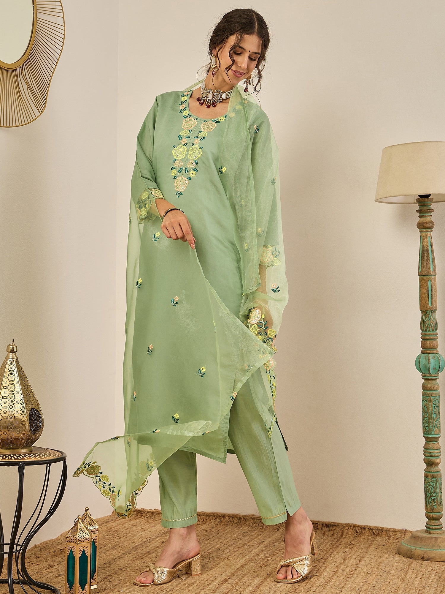 Shailee Women's Embroidered Viscose Roman Silk Kurta Pant Set with Organza Dupatta Elegant Lightweight Ethnic Wear - FitVibe Fashion