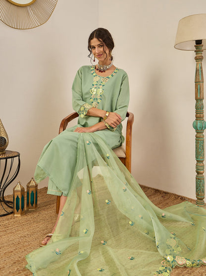 Shailee Women's Embroidered Viscose Roman Silk Kurta Pant Set with Organza Dupatta Elegant Lightweight Ethnic Wear - FitVibe Fashion