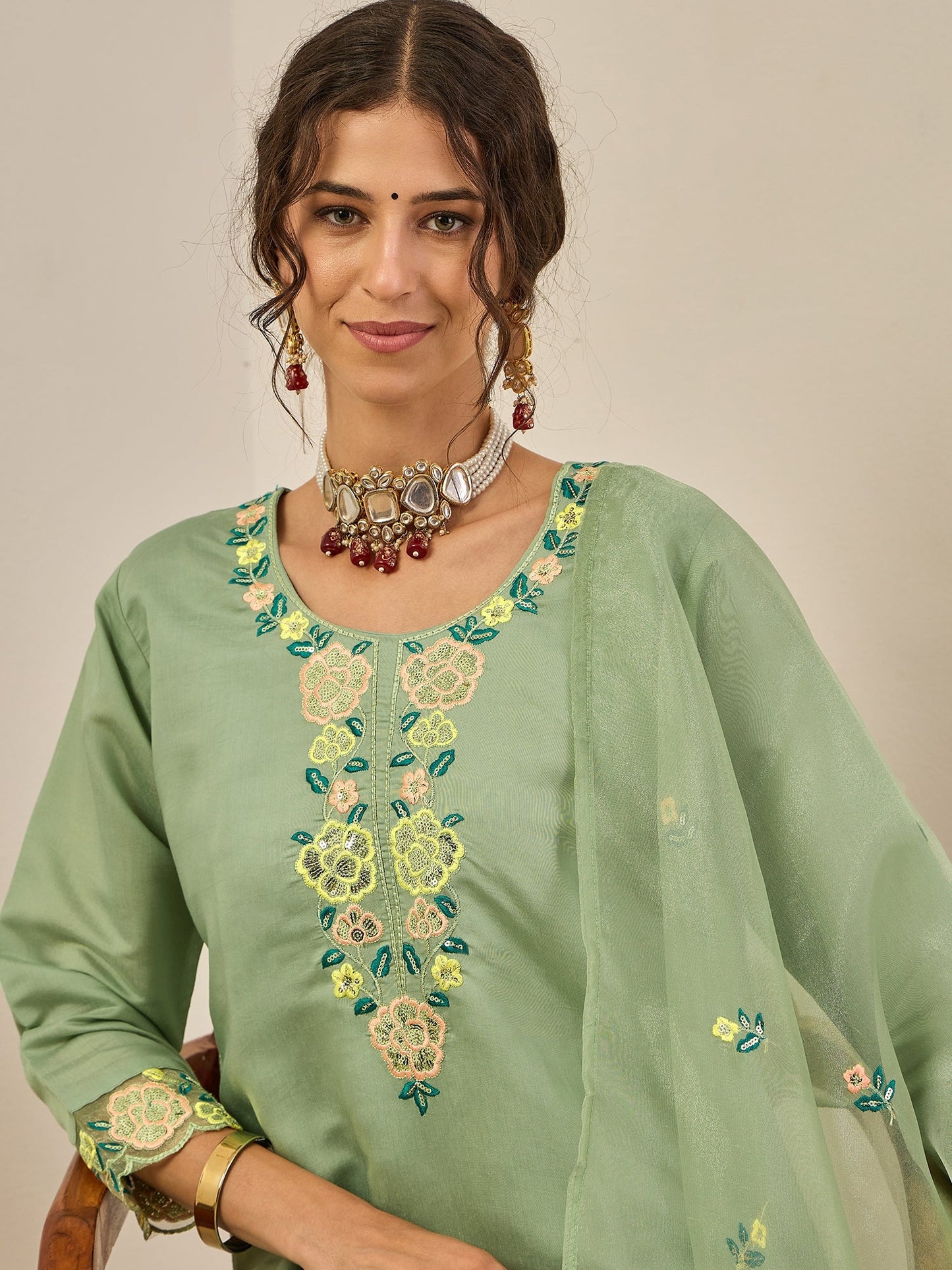 Shailee Women's Embroidered Viscose Roman Silk Kurta Pant Set with Organza Dupatta Elegant Lightweight Ethnic Wear - FitVibe Fashion