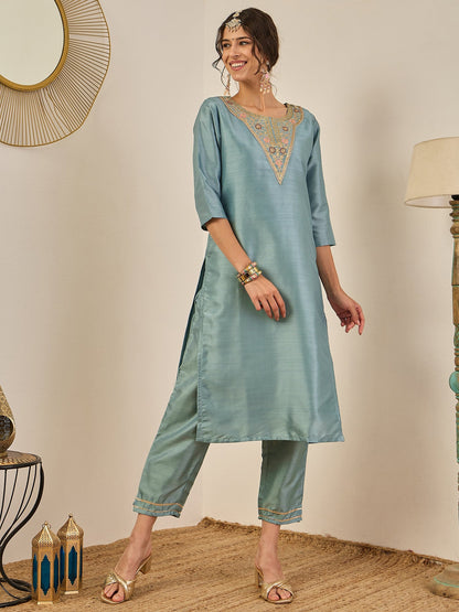 Zehra Womens Silk Blend Embroidered Kurta Pant Set with Dupatta Elegant Ready to Wear - FitVibe Fashion