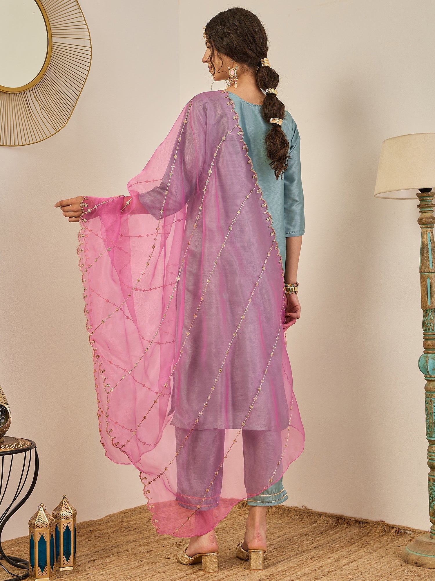 Zehra Womens Silk Blend Embroidered Kurta Pant Set with Dupatta Elegant Ready to Wear - FitVibe Fashion
