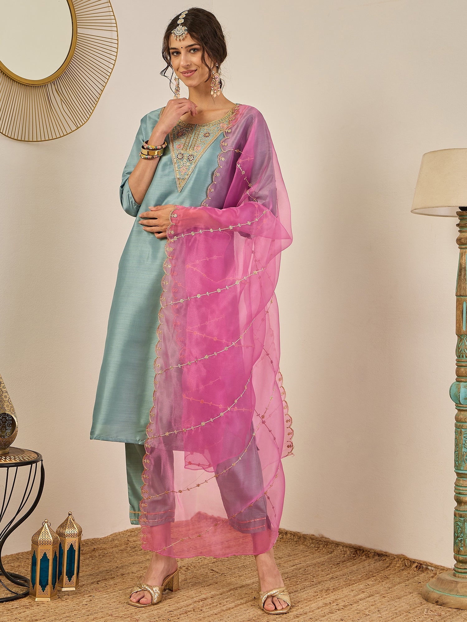 Zehra Womens Silk Blend Embroidered Kurta Pant Set with Dupatta Elegant Ready to Wear - FitVibe Fashion