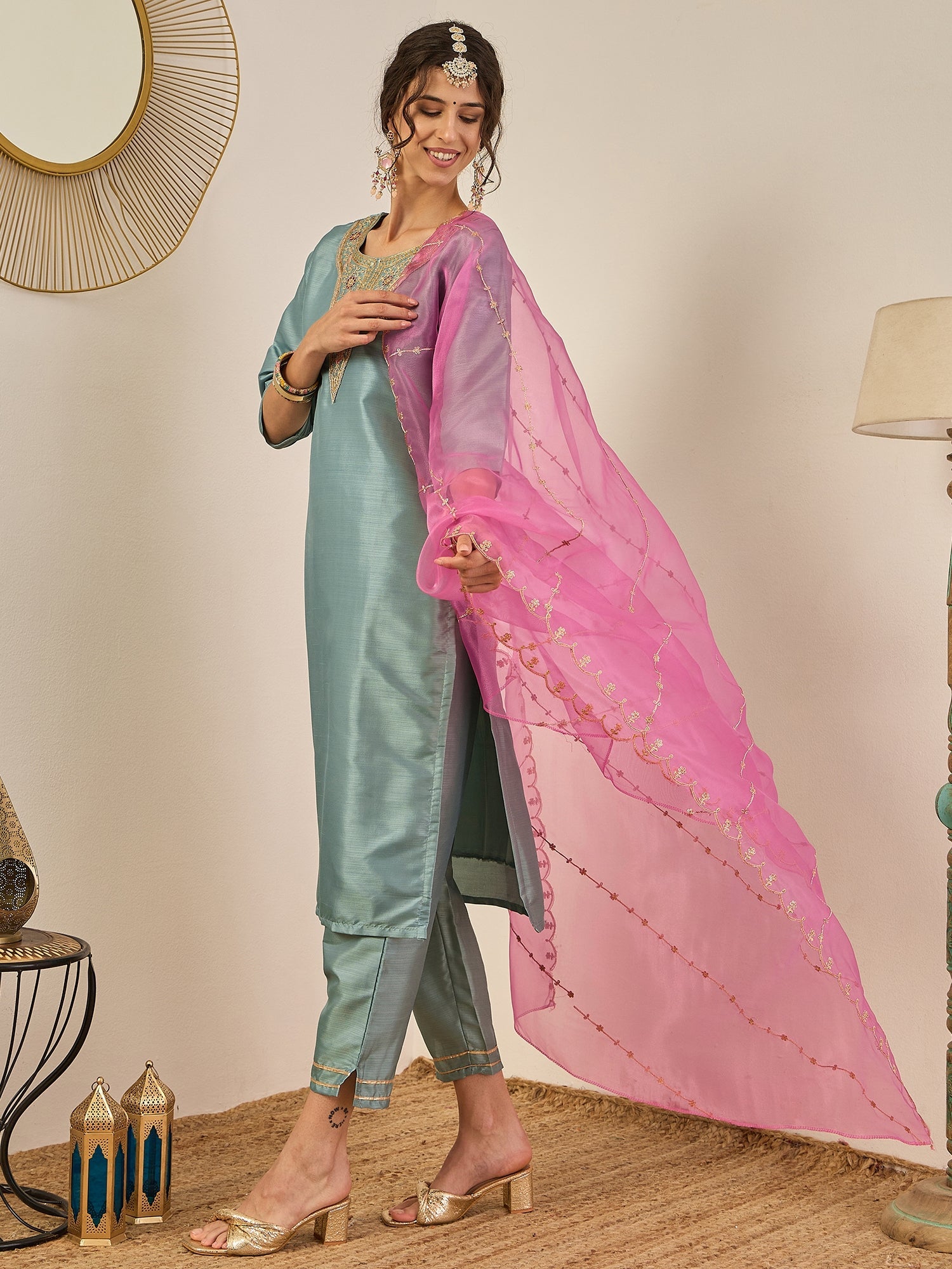 Zehra Womens Silk Blend Embroidered Kurta Pant Set with Dupatta Elegant Ready to Wear - FitVibe Fashion