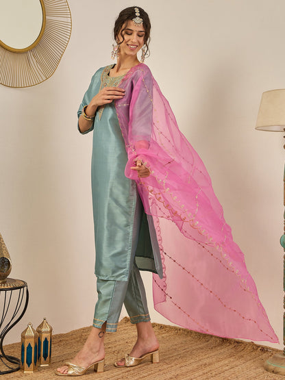 Zehra Womens Silk Blend Embroidered Kurta Pant Set with Dupatta Elegant Ready to Wear - FitVibe Fashion