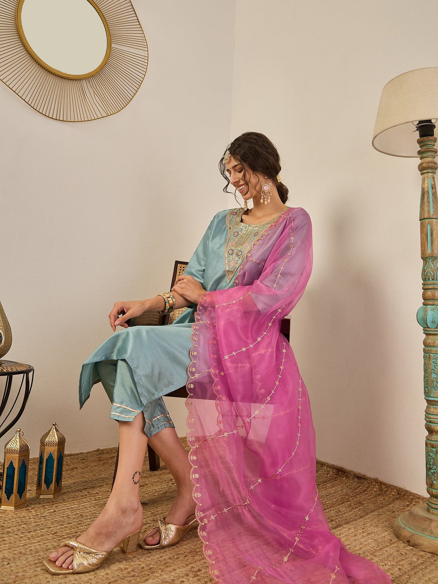 Zehra Womens Silk Blend Embroidered Kurta Pant Set with Dupatta Elegant Ready to Wear - FitVibe Fashion