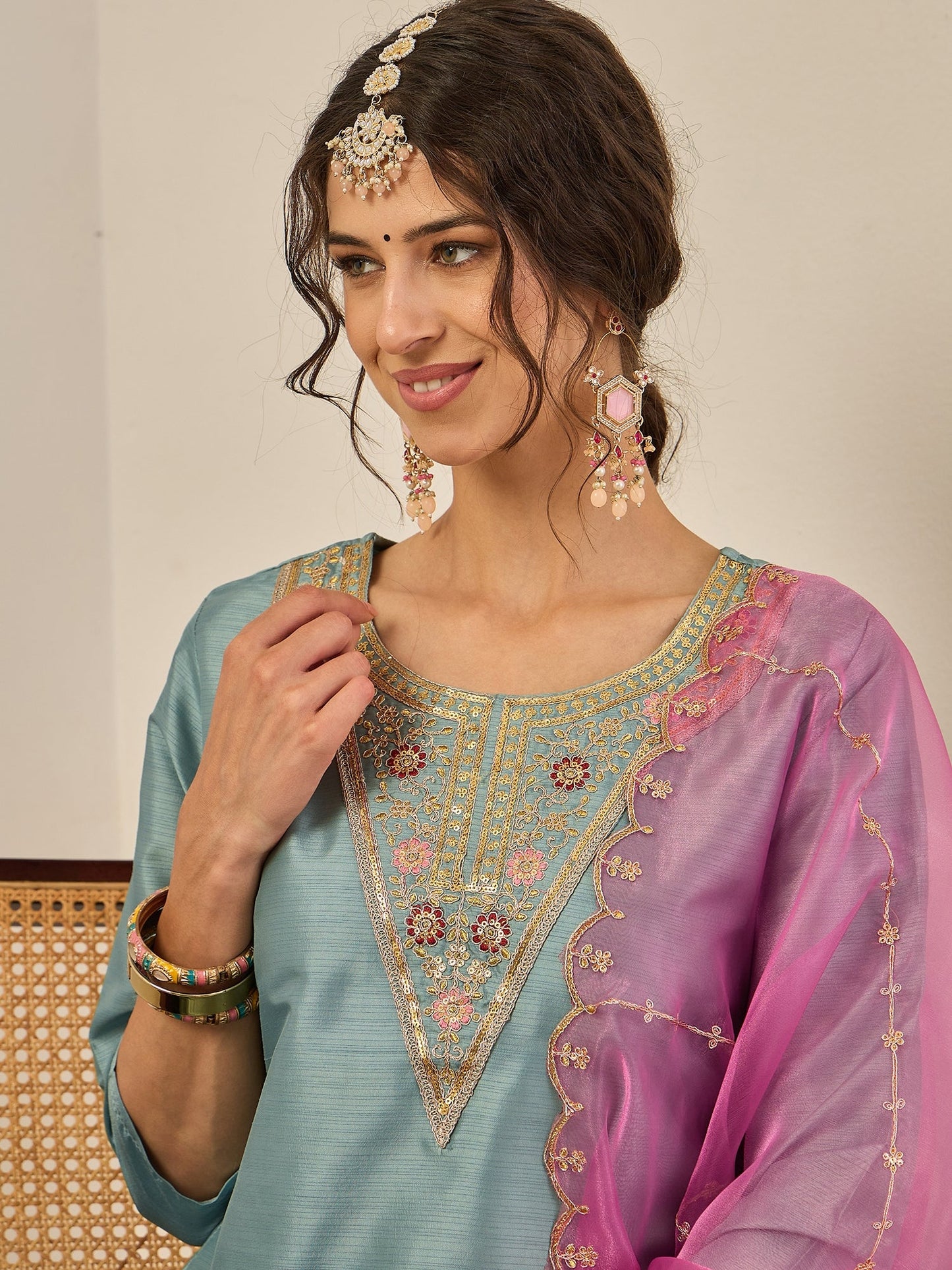 Zehra Womens Silk Blend Embroidered Kurta Pant Set with Dupatta Elegant Ready to Wear - FitVibe Fashion