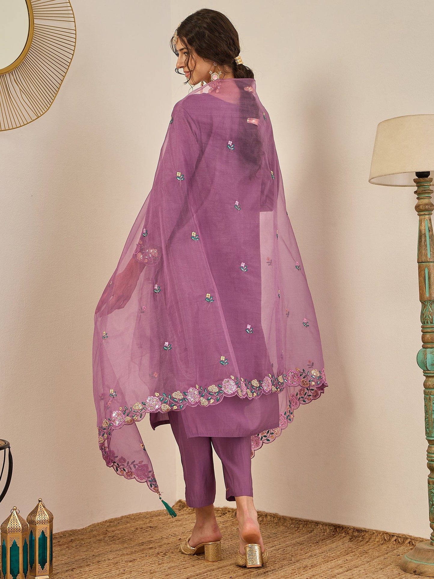 Damini Women's Embroidered Viscose Roman Silk Kurta Pant Set with Organza Dupatta Elegant Lightweight Ethnic Wear - FitVibe Fashion