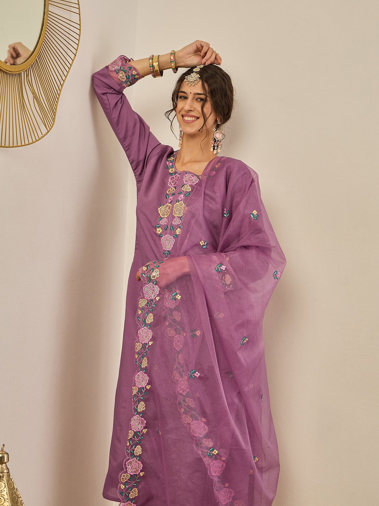 Damini Women's Embroidered Viscose Roman Silk Kurta Pant Set with Organza Dupatta Elegant Lightweight Ethnic Wear - FitVibe Fashion