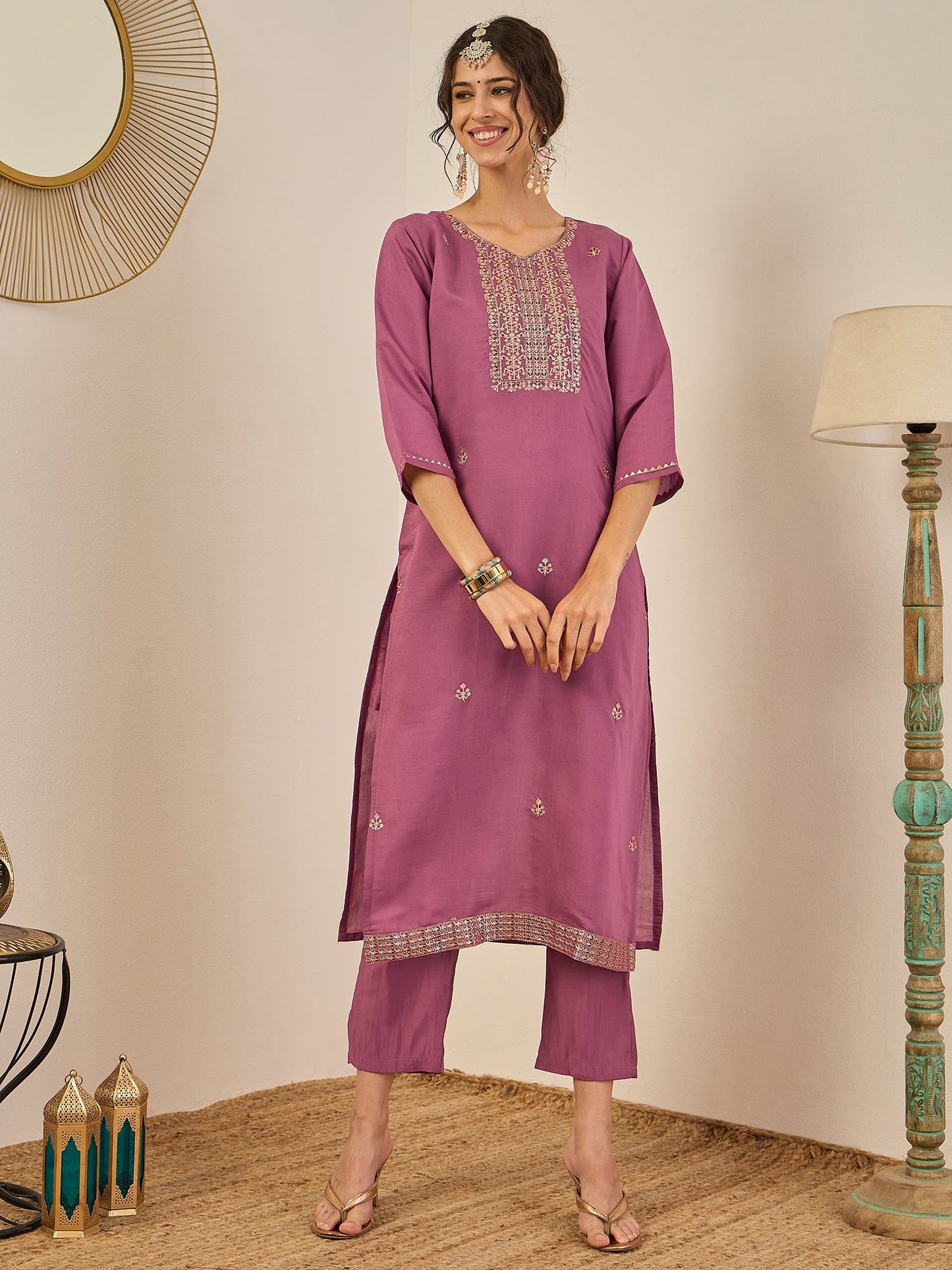 Vedhika Women's Embroidered Silk Blend Calf Length Straight Kurta Trouser with Dupatta Set - FitVibe Fashion