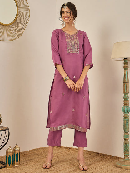 Vedhika Women's Embroidered Silk Blend Calf Length Straight Kurta Trouser with Dupatta Set - FitVibe Fashion