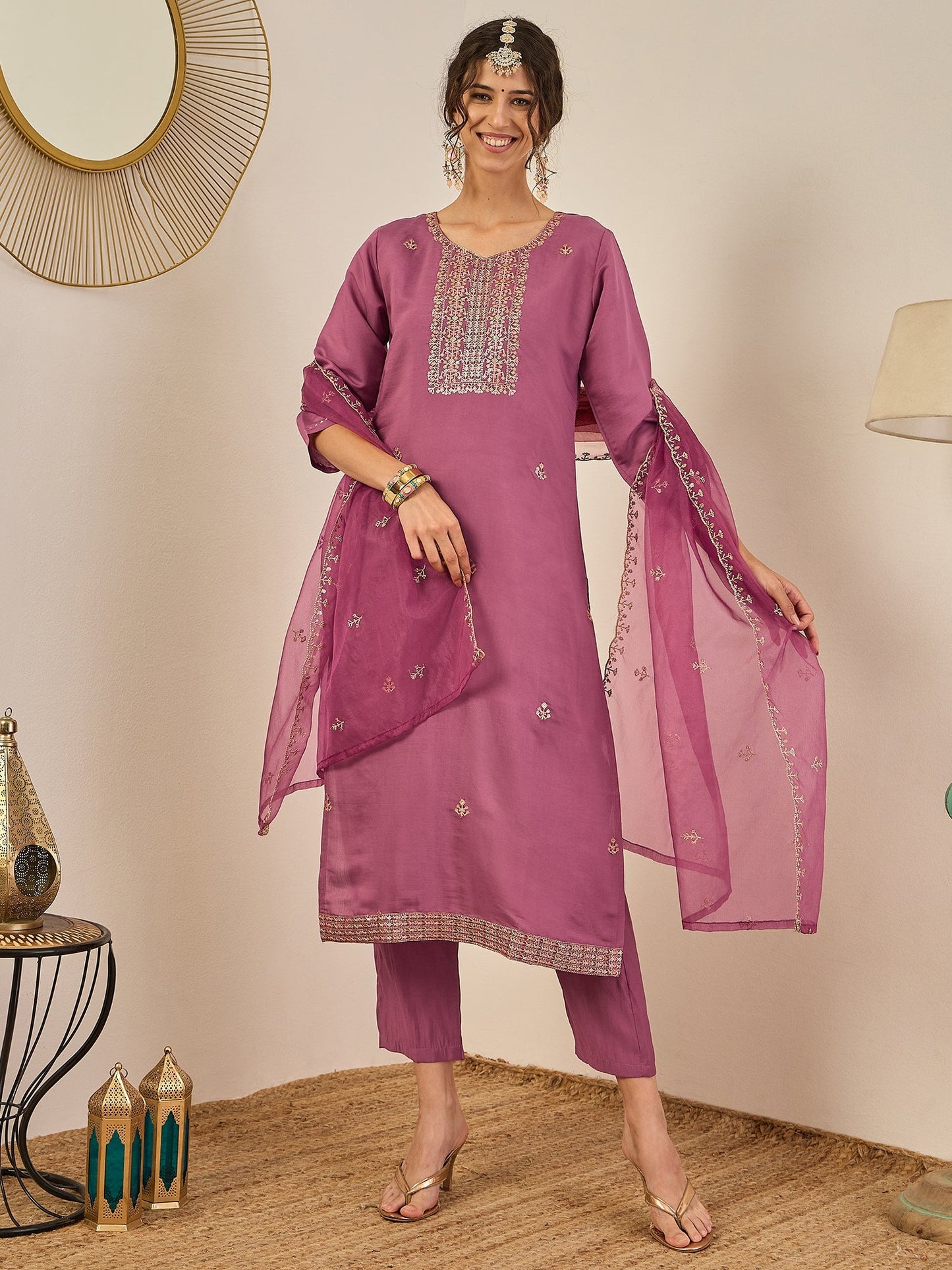 Vedhika Women's Embroidered Silk Blend Calf Length Straight Kurta Trouser with Dupatta Set - FitVibe Fashion