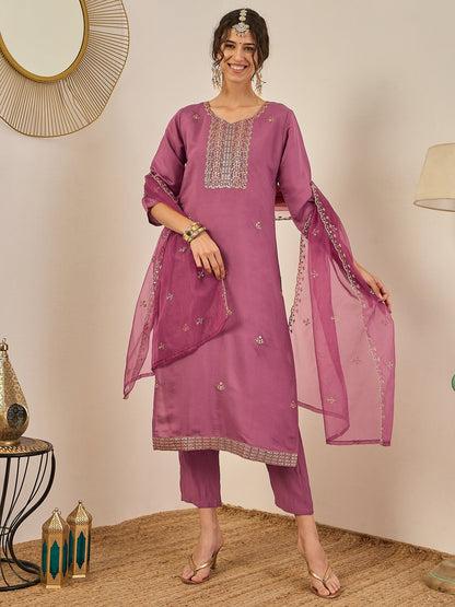 Vedhika Women's Embroidered Silk Blend Calf Length Straight Kurta Trouser with Dupatta Set - FitVibe Fashion