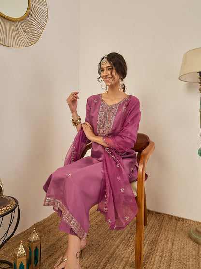 Vedhika Women's Embroidered Silk Blend Calf Length Straight Kurta Trouser with Dupatta Set - FitVibe Fashion