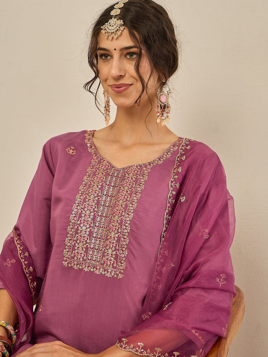 Vedhika Women's Embroidered Silk Blend Calf Length Straight Kurta Trouser with Dupatta Set - FitVibe Fashion