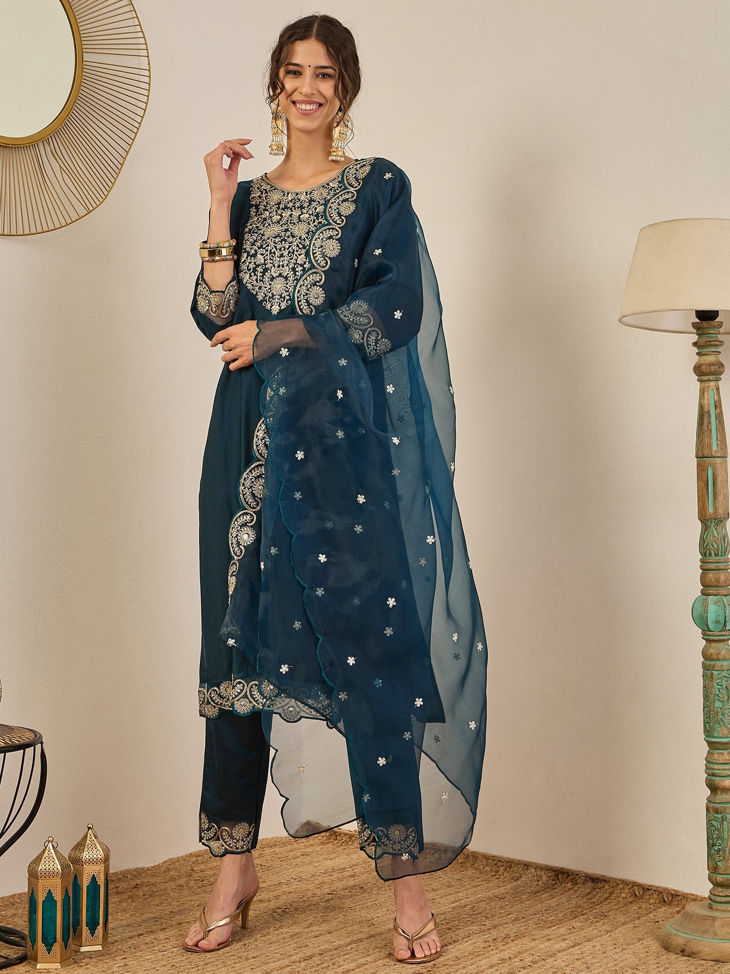 Sugandh Women’s Designer Embroidered Kurta Set – Festive Ethnic Wear with Organza Dupatta - FitVibe Fashion