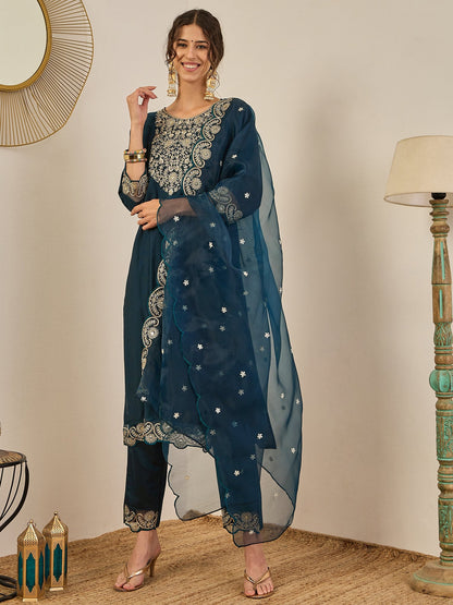 Sugandh Women’s Designer Embroidered Kurta Set – Festive Ethnic Wear with Organza Dupatta - FitVibe Fashion