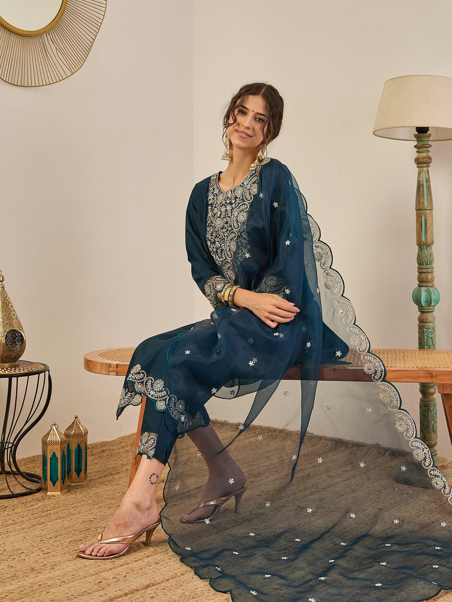 Sugandh Women’s Designer Embroidered Kurta Set – Festive Ethnic Wear with Organza Dupatta - FitVibe Fashion