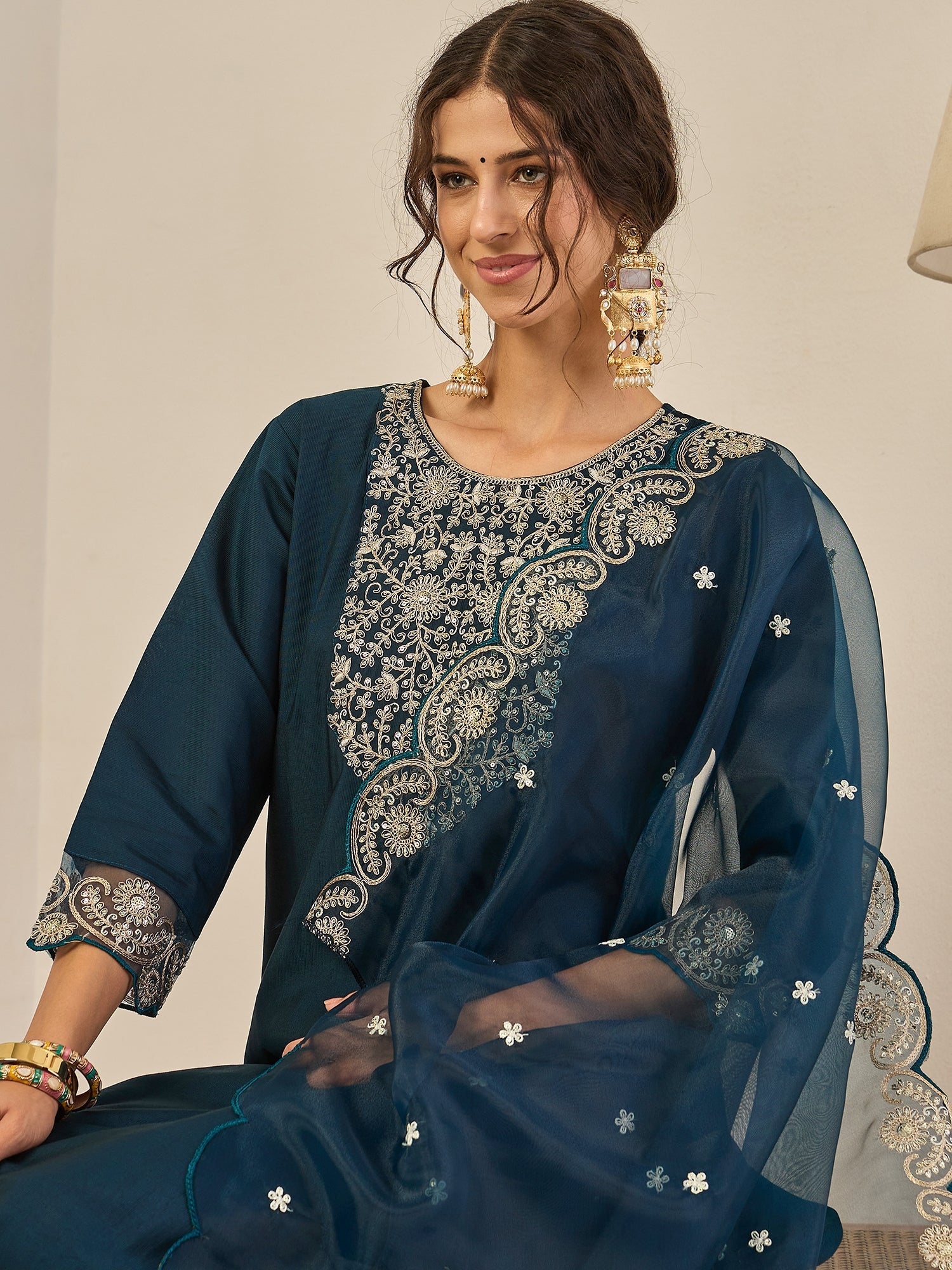 Sugandh Women’s Designer Embroidered Kurta Set – Festive Ethnic Wear with Organza Dupatta - FitVibe Fashion