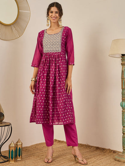 Phool Embroidered Chanderi Purple Suit Set with Dupatta Ethnic Sets - FitVibe Fashion