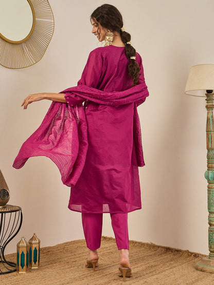 Phool Embroidered Chanderi Purple Suit Set with Dupatta Ethnic Sets - FitVibe Fashion