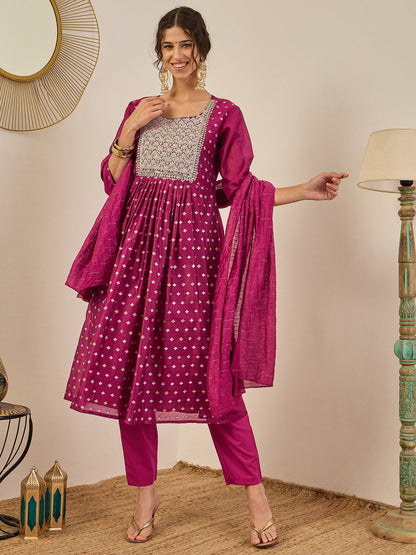 Phool Embroidered Chanderi Purple Suit Set with Dupatta Ethnic Sets - FitVibe Fashion