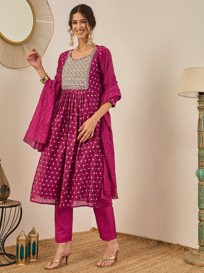 Phool Embroidered Chanderi Purple Suit Set with Dupatta Ethnic Sets - FitVibe Fashion