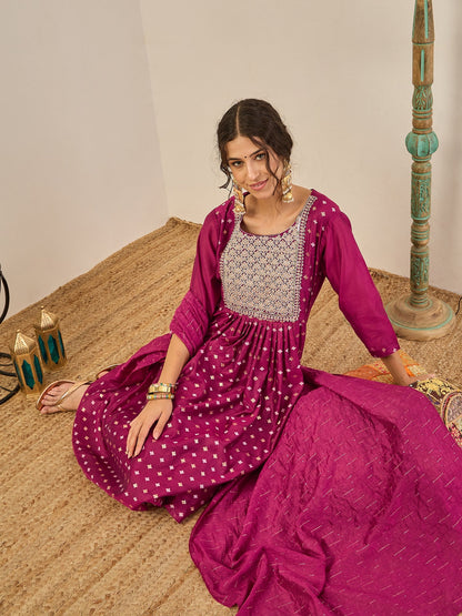 Phool Embroidered Chanderi Purple Suit Set with Dupatta Ethnic Sets - FitVibe Fashion