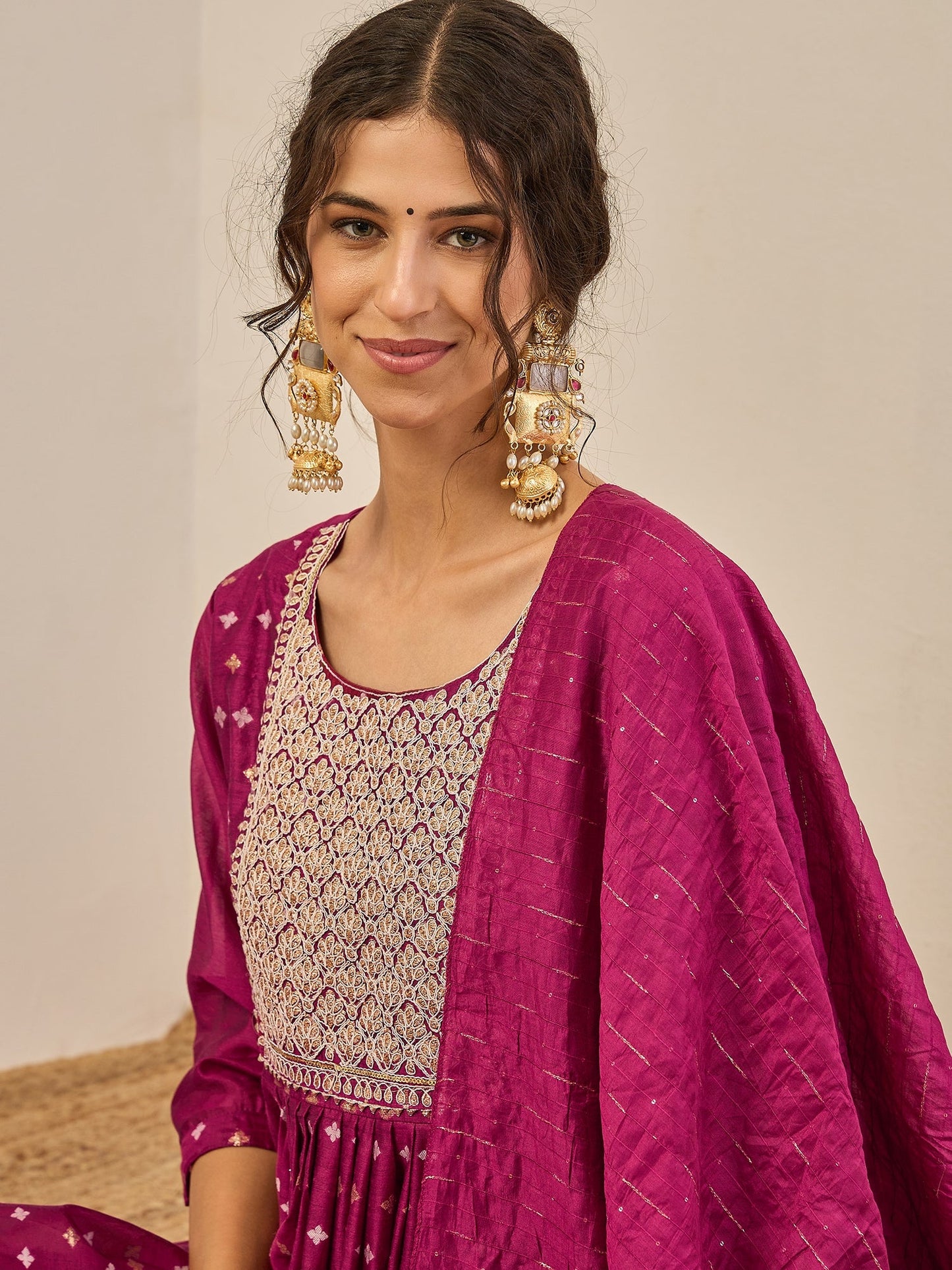 Phool Embroidered Chanderi Purple Suit Set with Dupatta Ethnic Sets - FitVibe Fashion