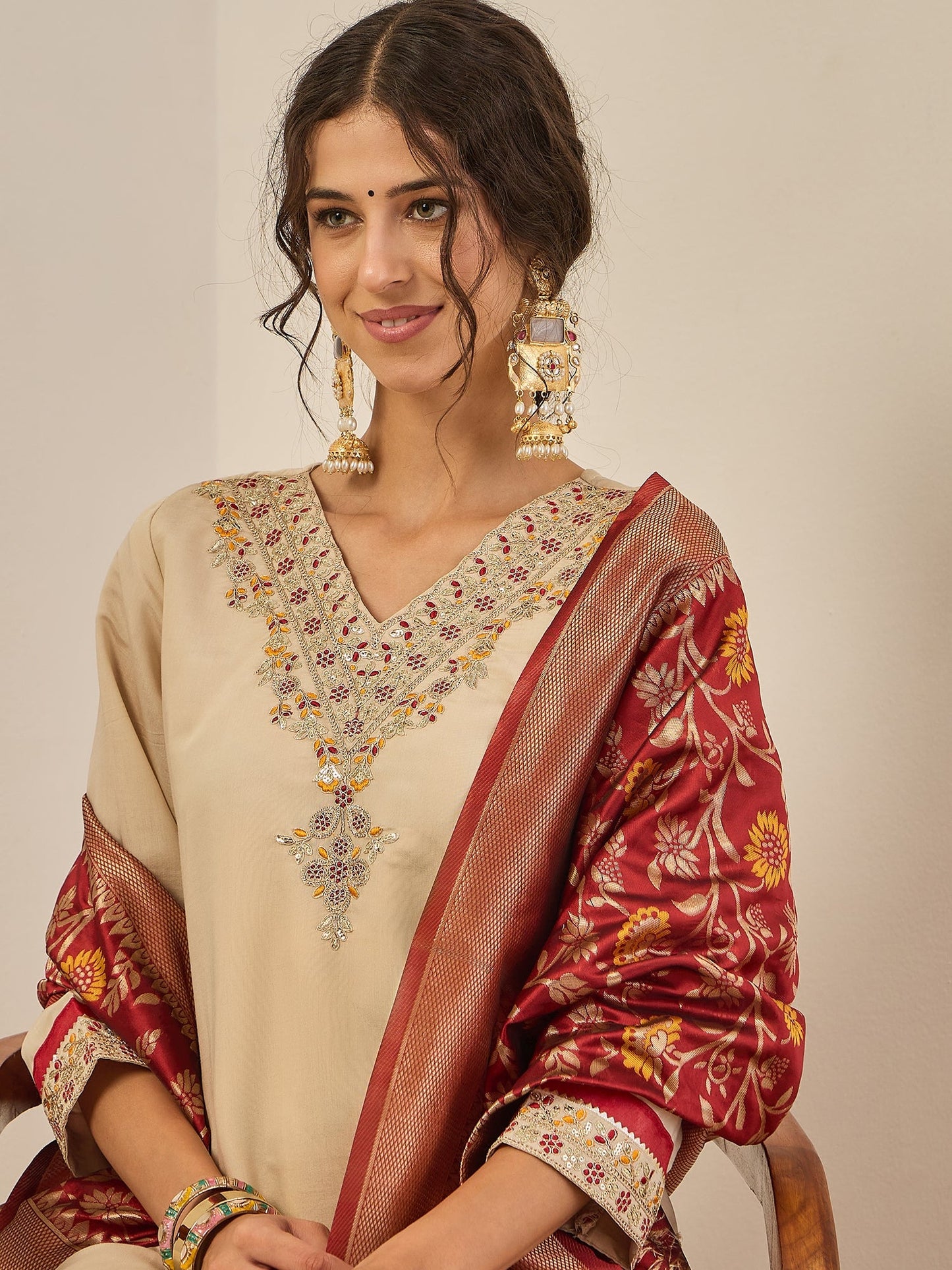 Varnika Women’s Silk Blend Kurta Pant Set with Banarasi Dupatta Embroidered Ethnic Wear for Elegant Look - FitVibe Fashion