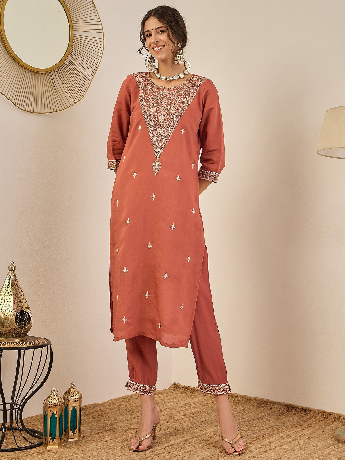 Janvi Peach Embroidered Silk Blend Straight Suit With Dupatta - FitVibe Fashion