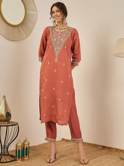 Janvi Peach Embroidered Silk Blend Straight Suit With Dupatta - FitVibe Fashion