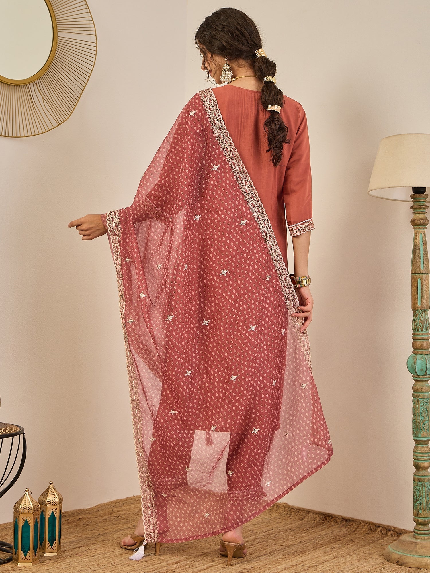 Janvi Peach Embroidered Silk Blend Straight Suit With Dupatta - FitVibe Fashion