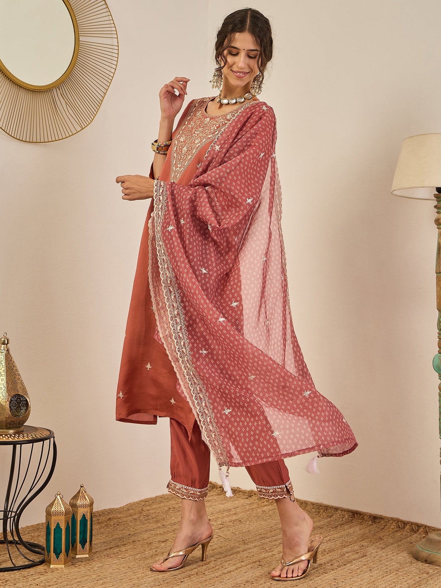Janvi Peach Embroidered Silk Blend Straight Suit With Dupatta - FitVibe Fashion