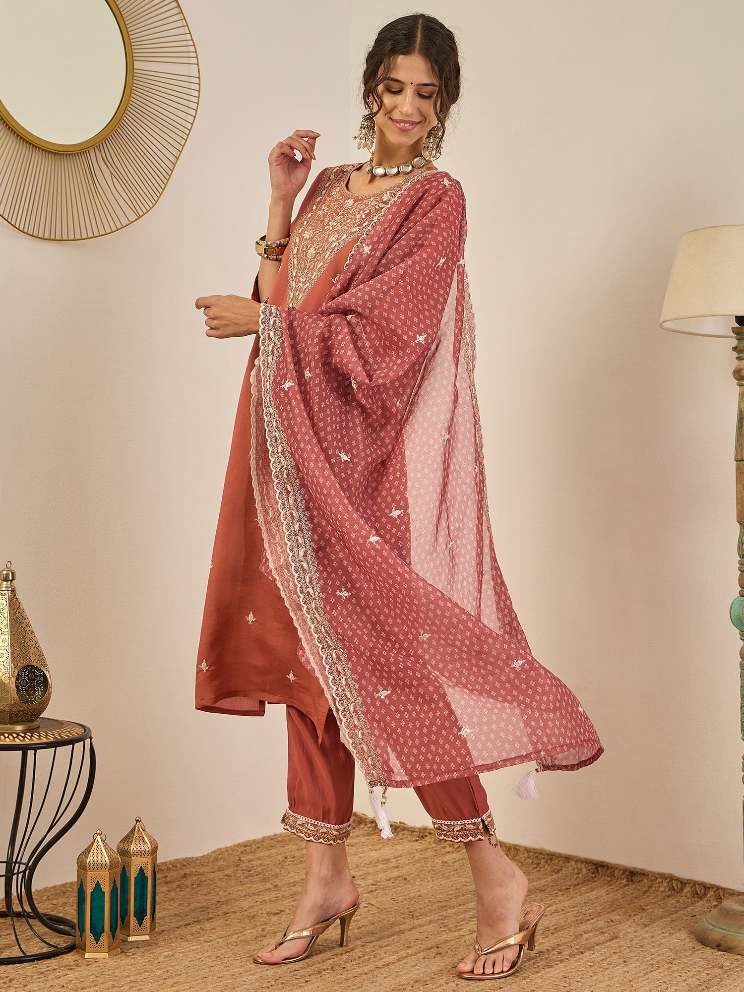 Janvi Peach Embroidered Silk Blend Straight Suit With Dupatta - FitVibe Fashion