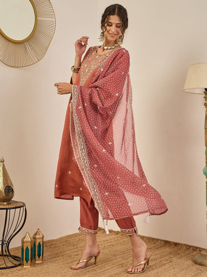 Janvi Peach Embroidered Silk Blend Straight Suit With Dupatta - FitVibe Fashion
