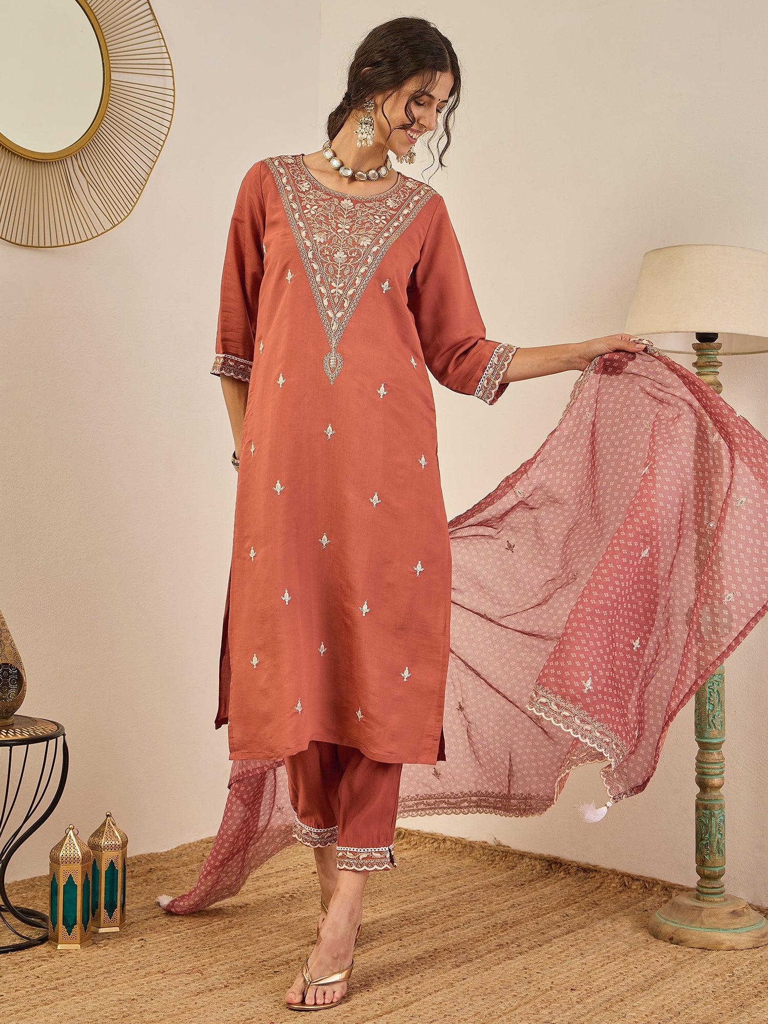 Janvi Peach Embroidered Silk Blend Straight Suit With Dupatta - FitVibe Fashion