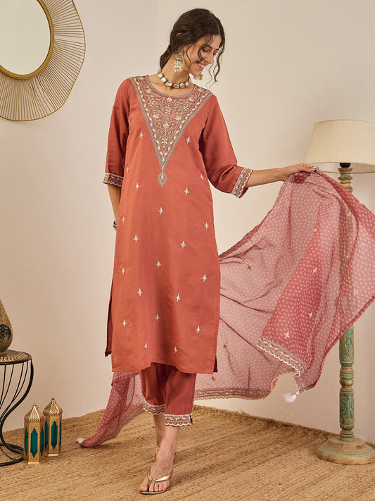 Janvi Peach Embroidered Silk Blend Straight Suit With Dupatta - FitVibe Fashion
