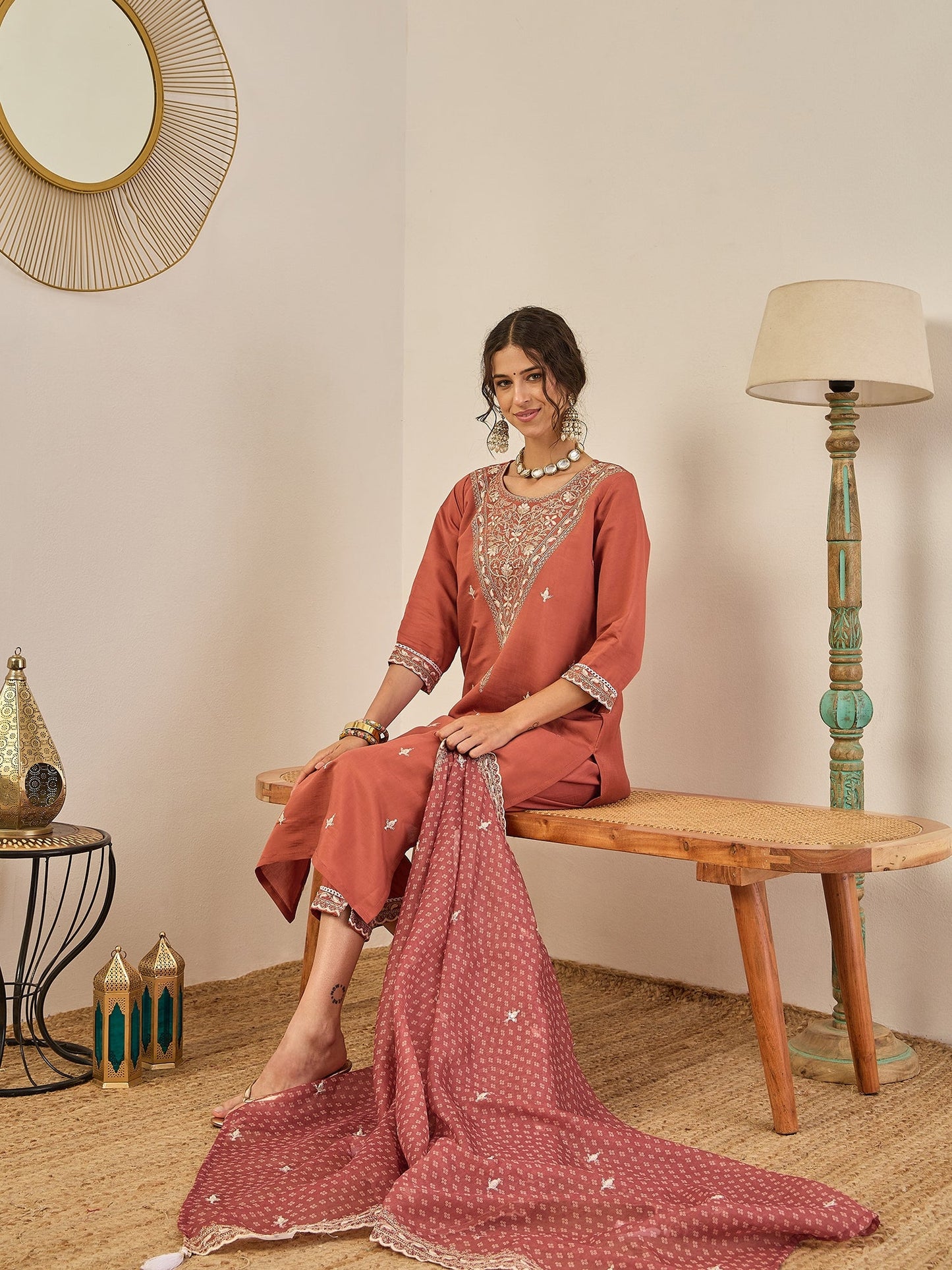 Janvi Peach Embroidered Silk Blend Straight Suit With Dupatta - FitVibe Fashion