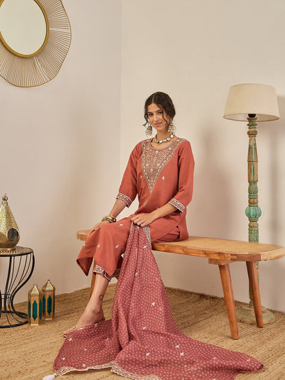 Janvi Peach Embroidered Silk Blend Straight Suit With Dupatta - FitVibe Fashion