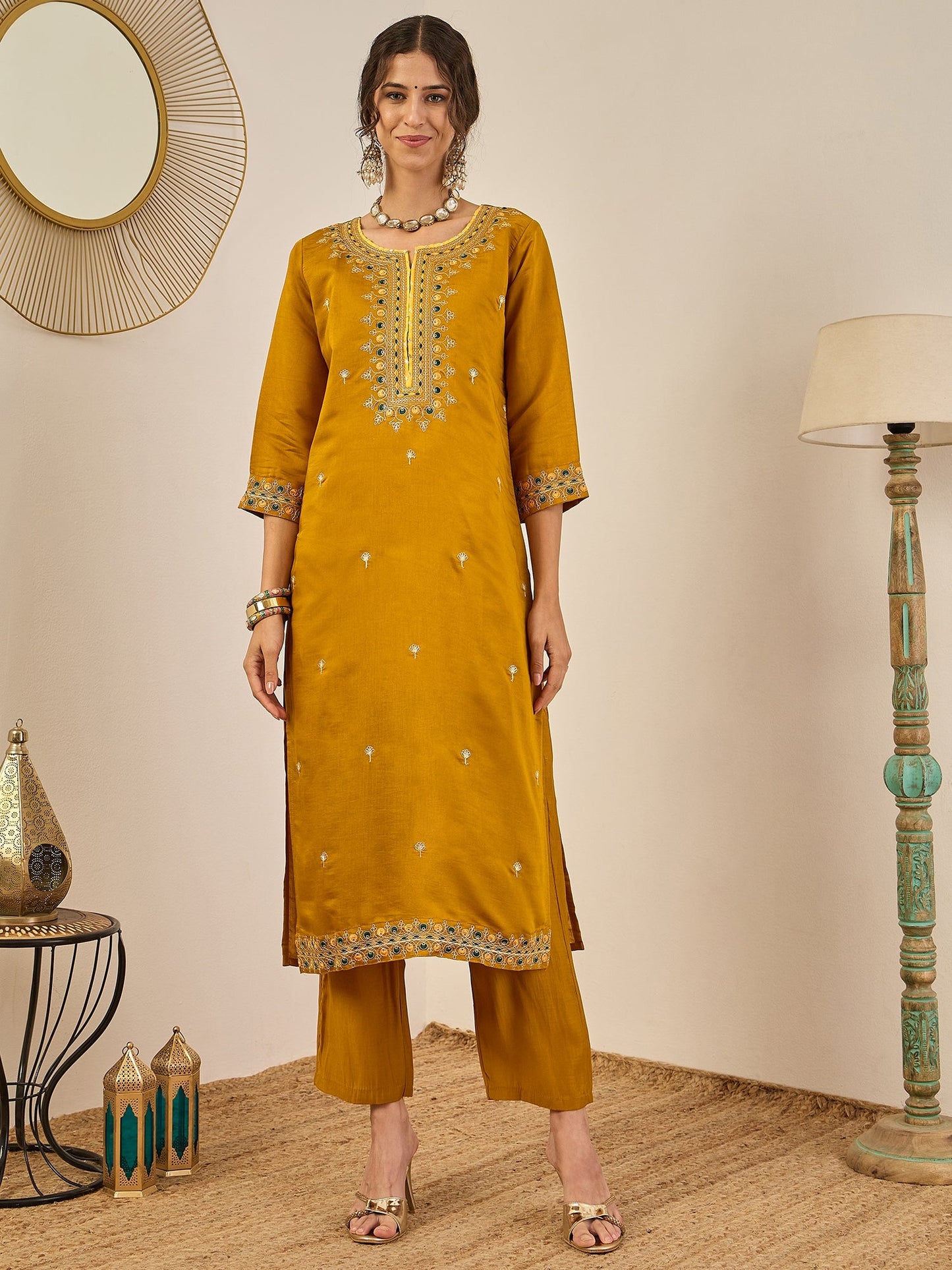 Varnita Women's Embroidered Silk Blend Calf Length Straight Kurta Trouser with Dupatta Set - FitVibe Fashion